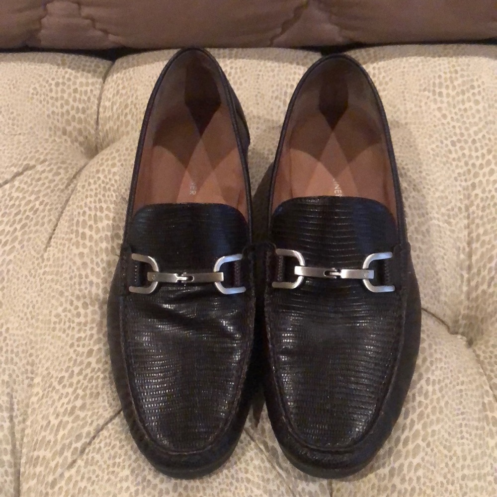 Donald Pliner Leather and Chrome Buckle Loafers